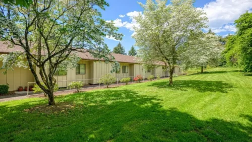 A long, grassy lawn with flowering trees in front of a tan-sided building with a brown roof
